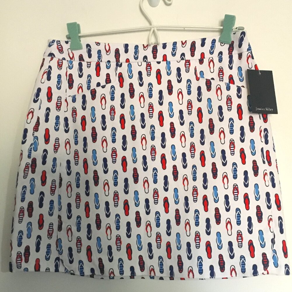 Jessica Riley Stretch Skort White with Red and Blue Flip Flops NEW